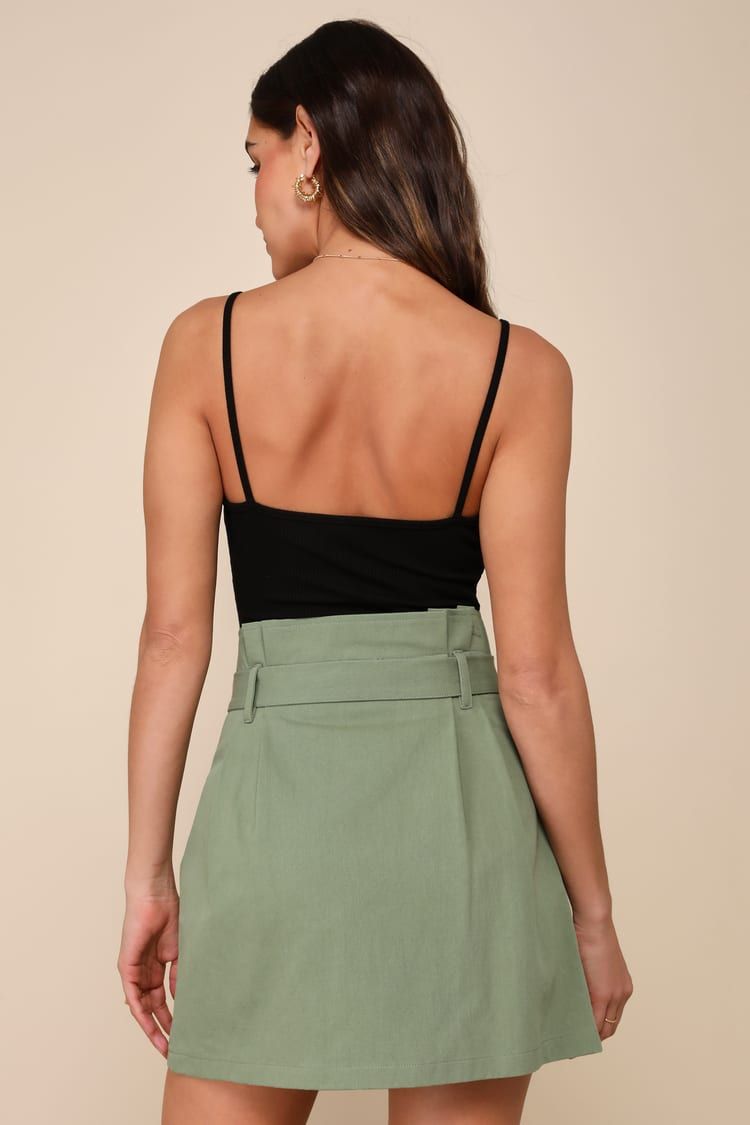 Light Green Twill Mini Skirt with Paperbag Waist and Black Camisole Light Green Twill Mini Skirt with Paperbag Waist and Black Camisole — Olive Green Mini Skirt Outfits 2027