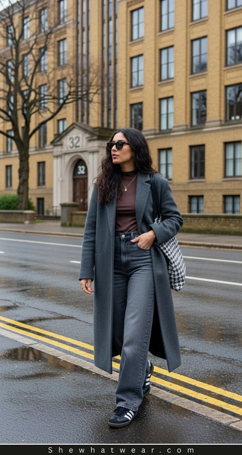 Charcoal Wide-Leg Jeans: Modern Casual with Houndstooth Tote Charcoal Wide-Leg Jeans: Modern Casual with Houndstooth Tote — Charcoal Outfits 2027