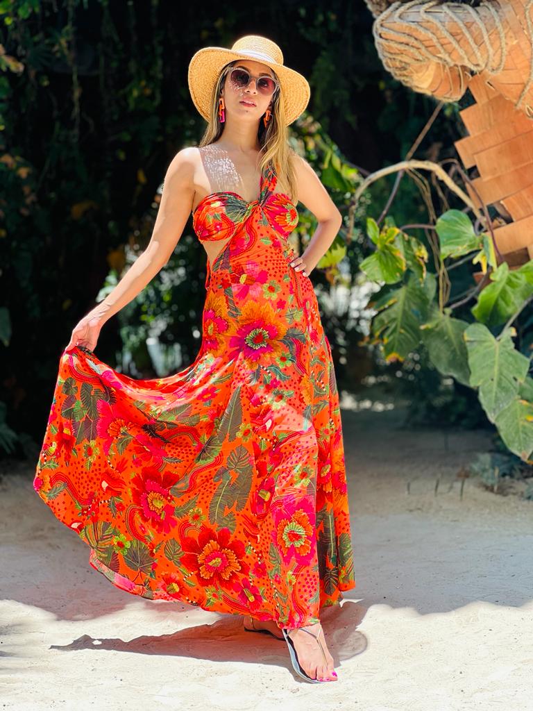 Bold Orange Floral Maxi Dress for Resort Evenings — Cancun Outfits 2027