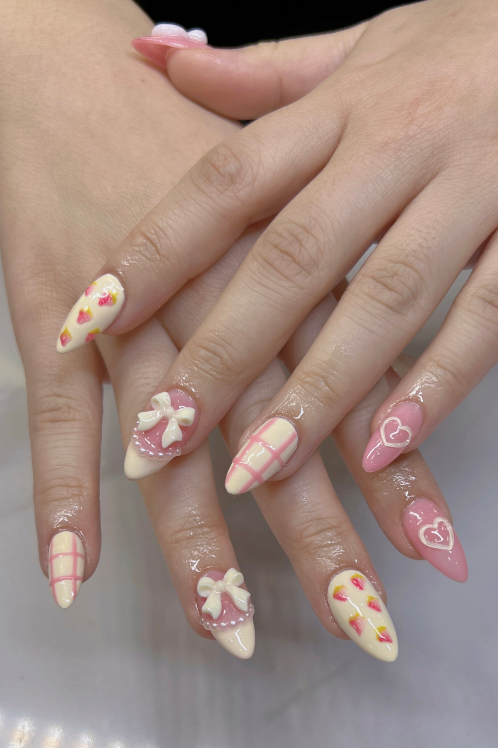 Solid Pink & Plaid with 3D White Bows — Pink Bow Nails 2027