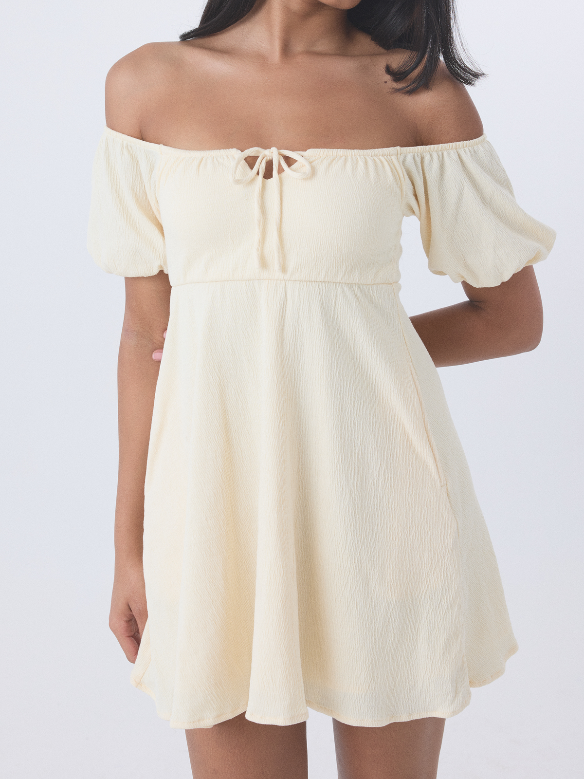 Lemon Yellow Textured Off-the-Shoulder Milkmaid Mini Dress with White Sneakers Lemon Yellow Textured Off-the-Shoulder Milkmaid Mini Dress with White Sneakers — Milkmaid Dresses 2027
