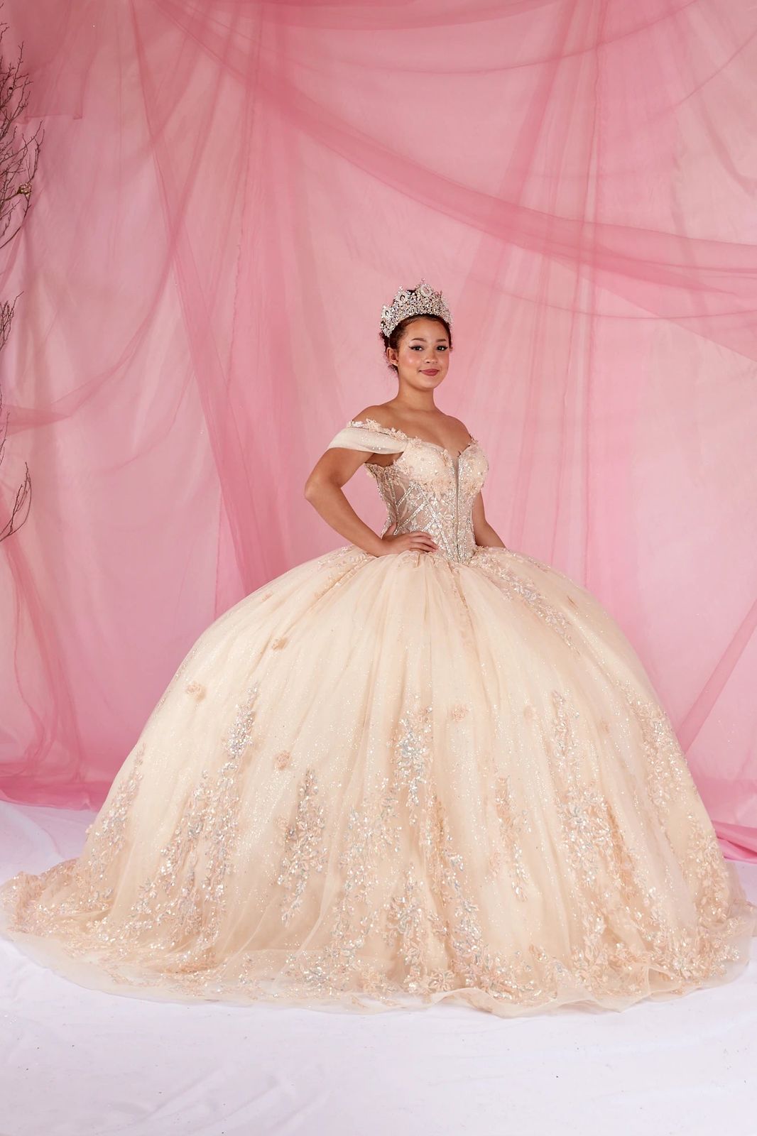 Champagne Off-Shoulder Ball Gown with Puff Sleeves and 3D Floral Appliques — Champagne Quinceanera Dress 2027