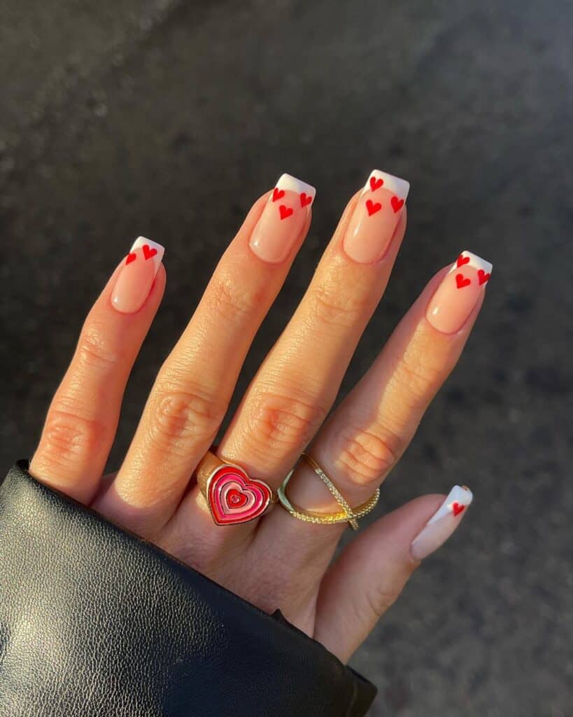 Nude French Tips With Red Heart Decals Nude French Tips With Red Heart Decals — Red Valentines Nails 2027