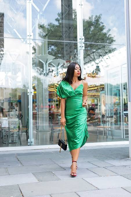 Sophisticated Emerald Satin Dress with Asymmetrical Neckline — Green Christmas Outfits 2026