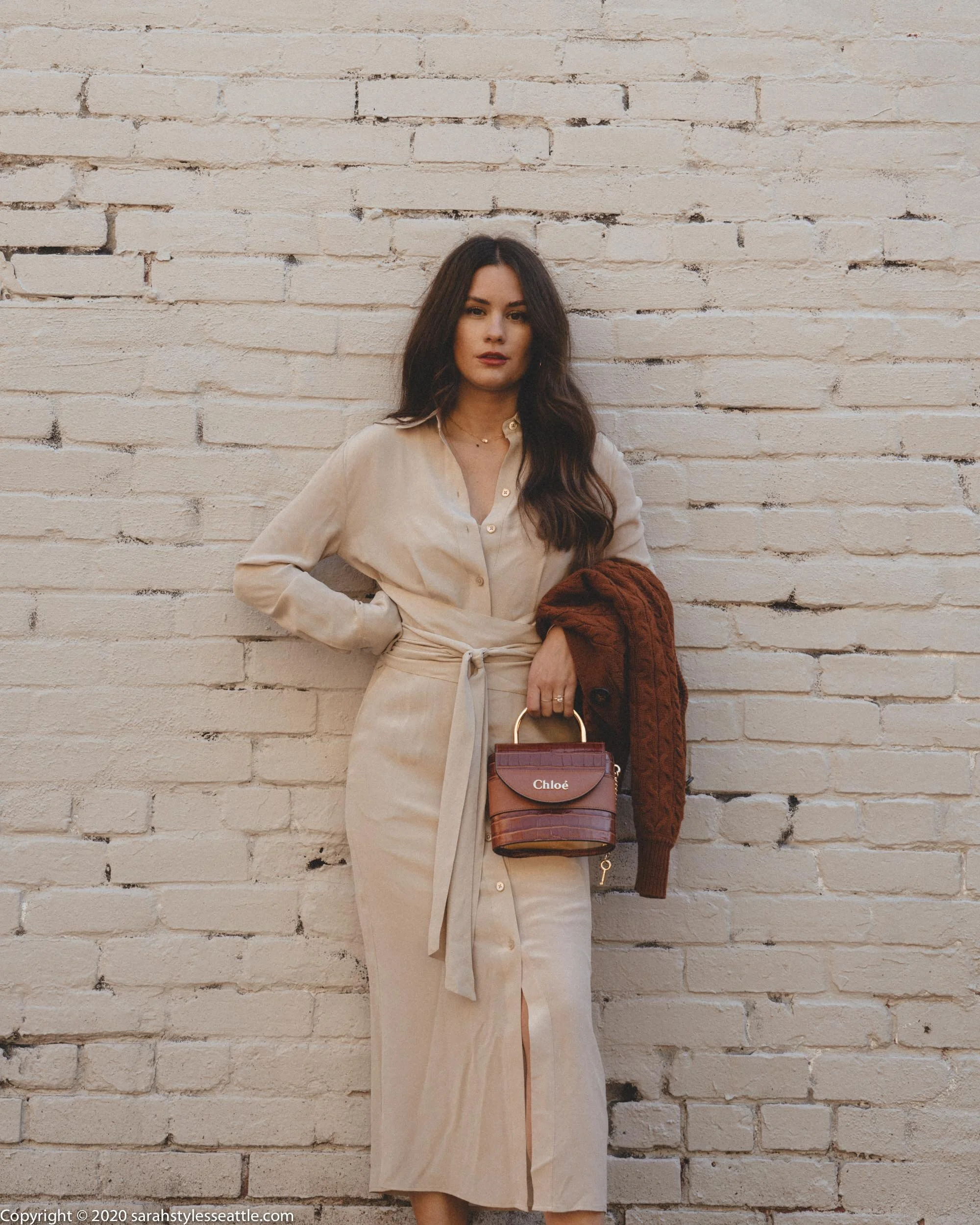 Beige Button-Up Midi Dress with Cardigan Drape Beige Button-Up Midi Dress with Cardigan Drape — Button Up Dress 2027