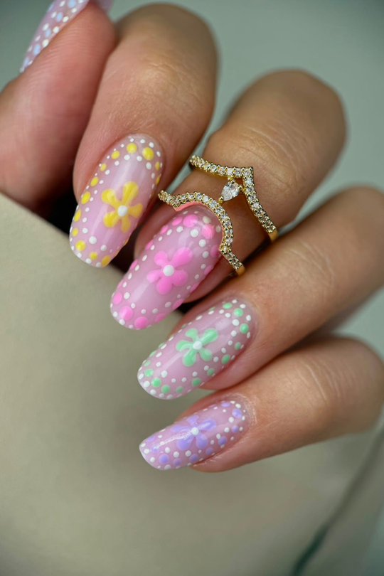 Light Pink With Pastel Floral And Dot Pattern Light Pink With Pastel Floral And Dot Pattern — Flower Nails 2027