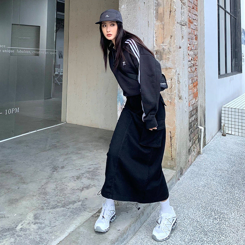 Street-Style Black Nylon Maxi Cargo Skirt with Hoodie — Cargo Skirts 2027