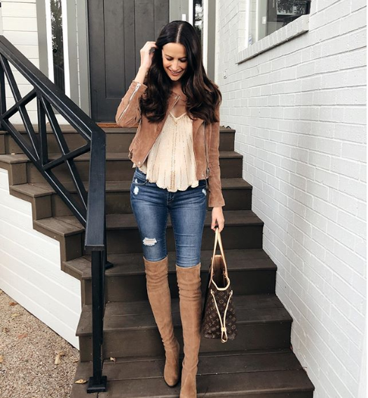 Fall Fashion: Suede Jacket, Beaded Camisole, and Over-the-Knee Boots — Dallas Outfits 2027