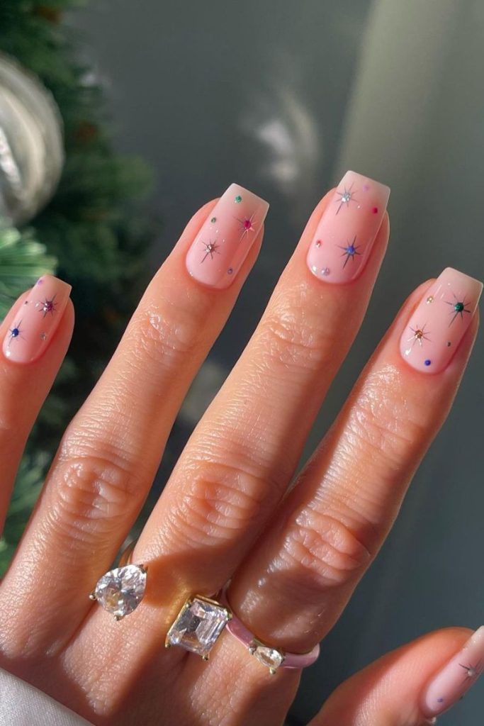 Sheer Pink Star Glitter Square Nails Sheer Pink Star Glitter Square Nails — Winter Vacation Nails 2027