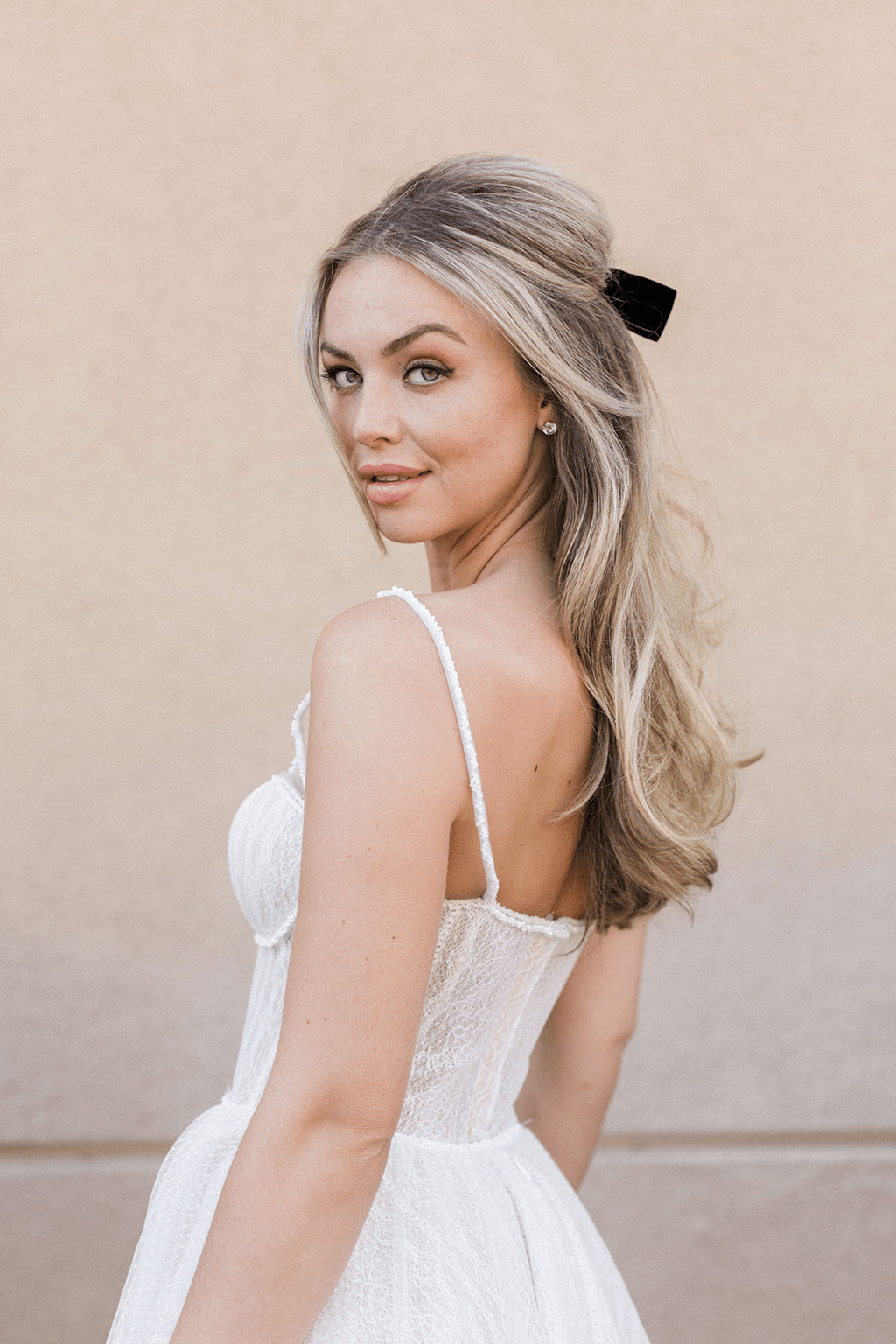 Ash Blonde Half-Up with Black Bow Ash Blonde Half-Up with Black Bow — Down Family Photo Hairstyles 2027