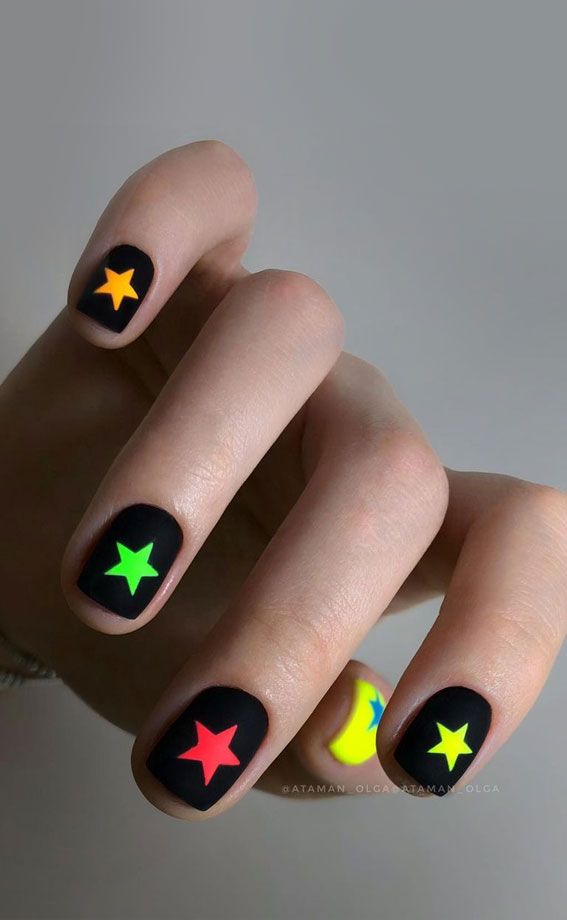 Neon Star Motifs On Matte Black Nails Visual Idea Neon Star Motifs On Matte Black Nails Visual Idea — Neon Matte Nails 2027