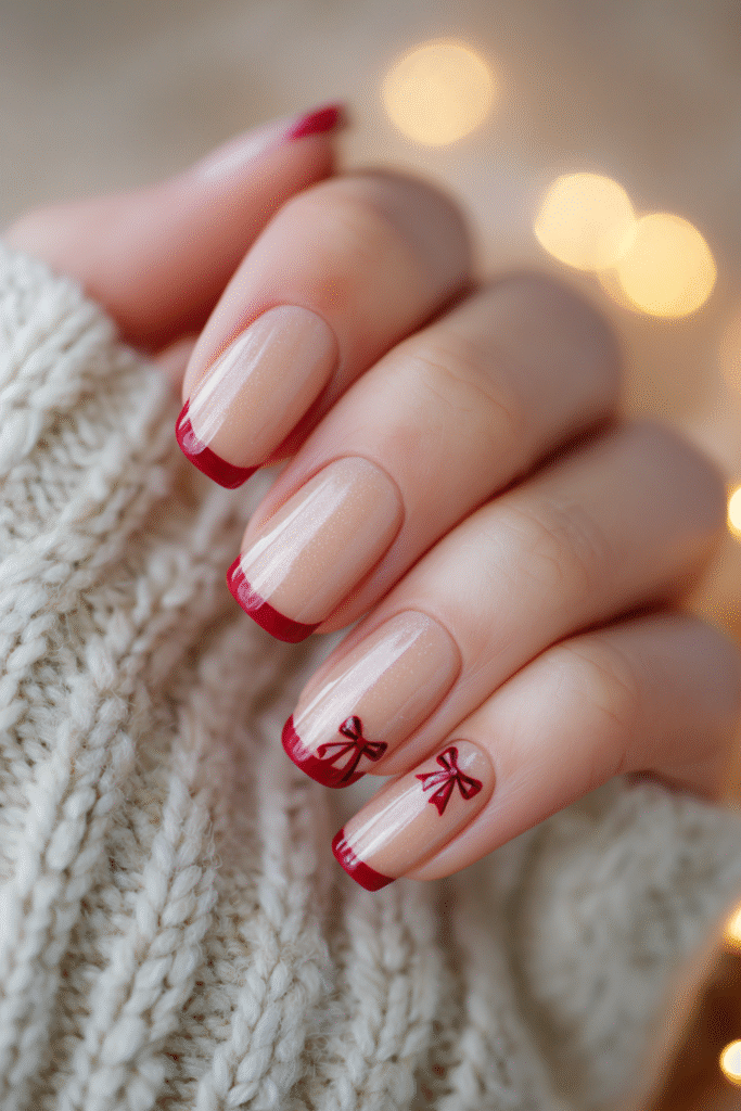Glossy Red Bow French Tip Almonds Glossy Red Bow French Tip Almonds — Small Bow Nails 2027