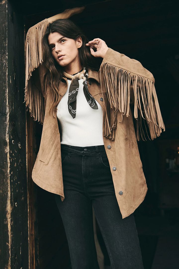 Boho Casual: Tan Suede Fringe Jacket with Jeans and Scarf Boho Casual: Tan Suede Fringe Jacket with Jeans and Scarf — Fringe Jacket Outfits 2027