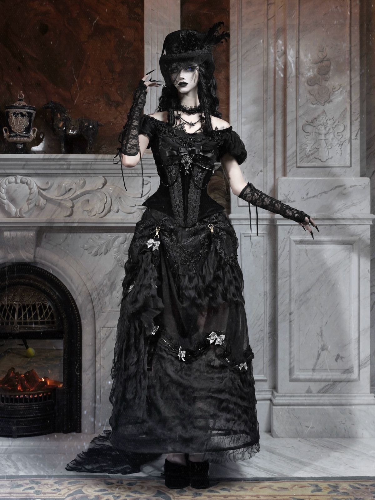 Dramatic Lace Dress with Layered Skirt and Lace Gloves Dramatic Lace Dress with Layered Skirt and Lace Gloves — Goth Lace Outfits 2027