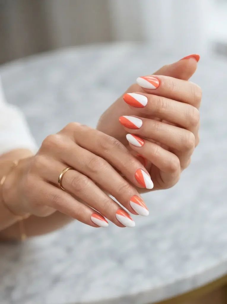 Orange White Color Block Oval Nails Orange White Color Block Oval Nails — Swim Nails Team Colors 2027