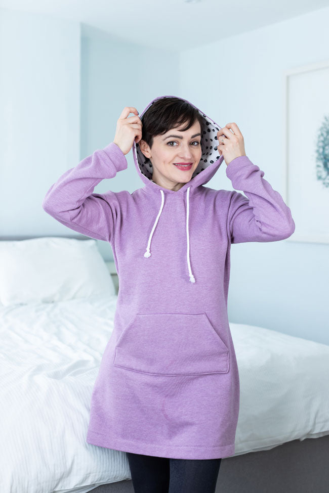 Lavender Hoodie Dress with Patterned Hood Interior — Sweatshirt Dress 2027