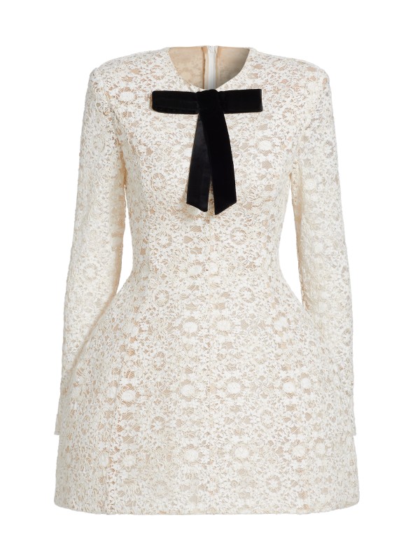 White Lace Mini Dress with Bold Black Bow Neckline White Lace Mini Dress with Bold Black Bow Neckline — Bows and Lace Outfits 2027