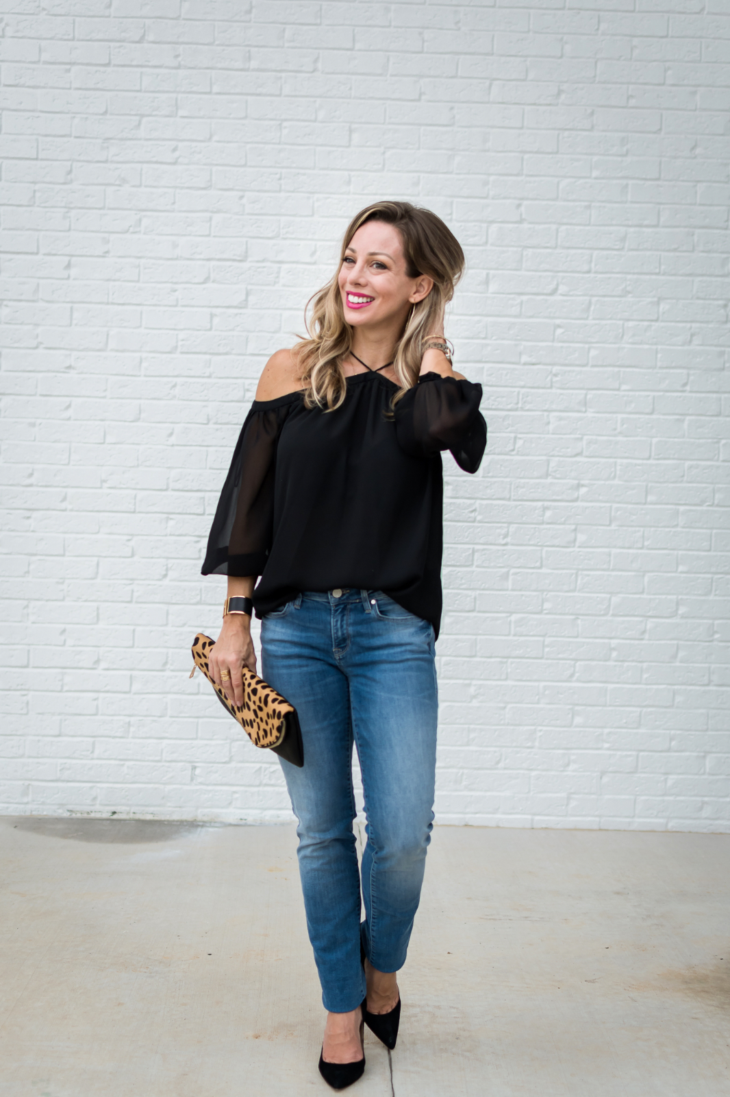 Black Off-Shoulder Top with Sheer Sleeves and Blue Jeans — Off the Shoulder Top Outfits 2027