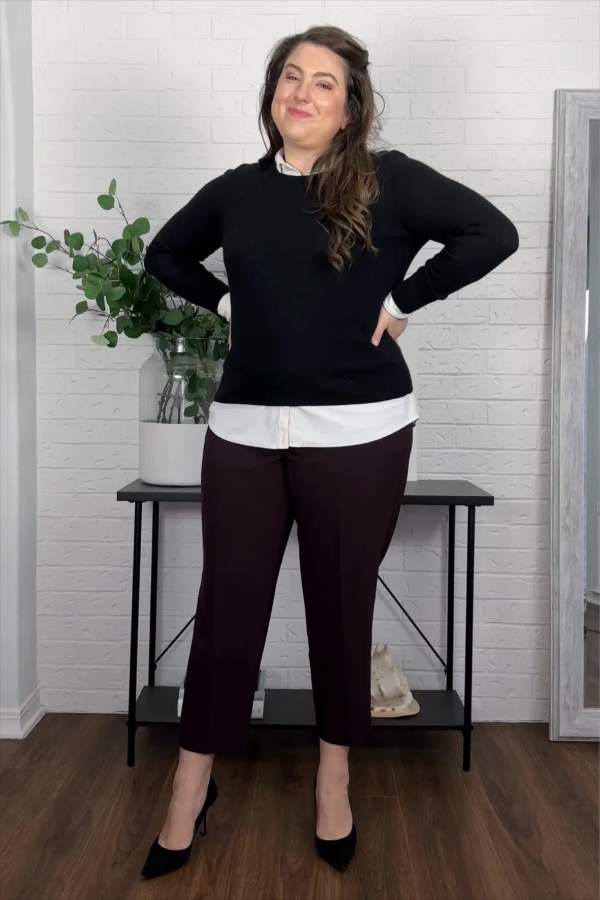 Layered Shirt and Sweater with Burgundy Cropped Trousers Layered Shirt and Sweater with Burgundy Cropped Trousers — Winter Office Outfits 2027
