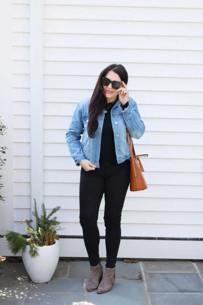 Denim Jacket with Skinny Jeans and Tan Handbag — Denim Jacket Outfits 2027
