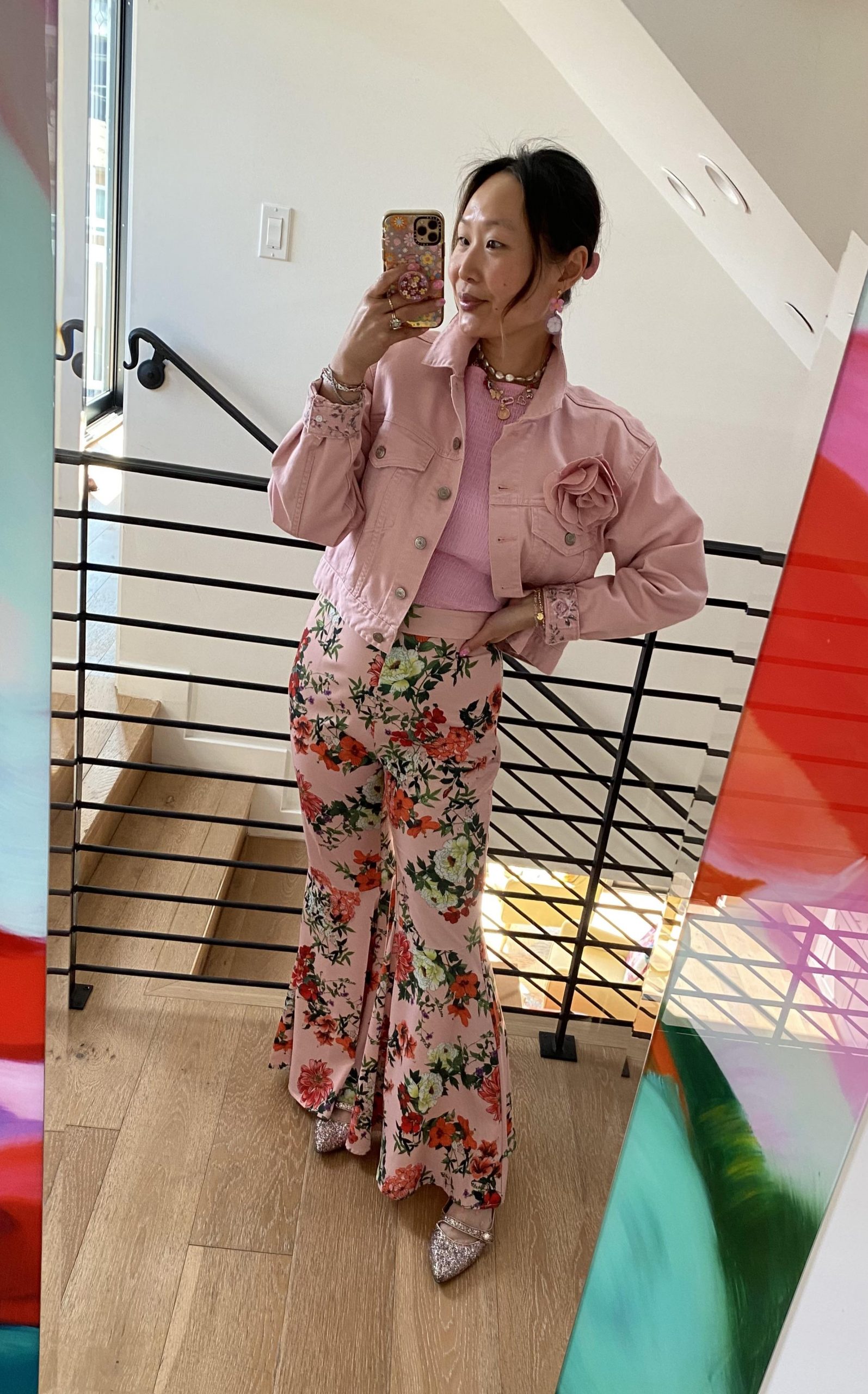 Pink Denim Jacket with Bold Floral Wide-Leg Pants — Pink Valentines Outfits 2027