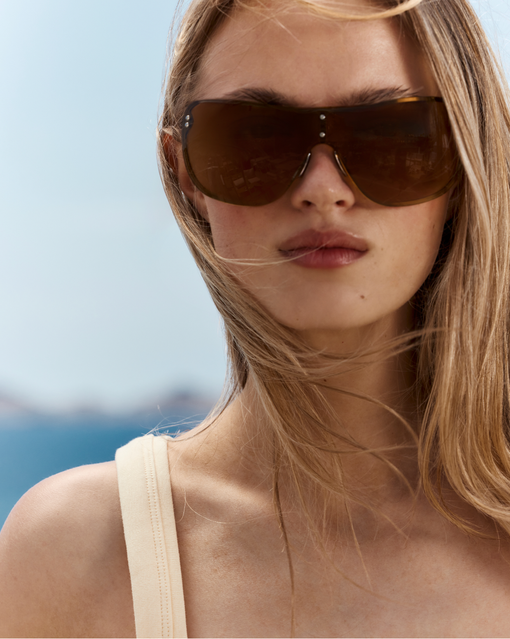 Oversized Shield Sunglasses with a Neutral Tank Top — Aviator Sunglasses for Women 2027