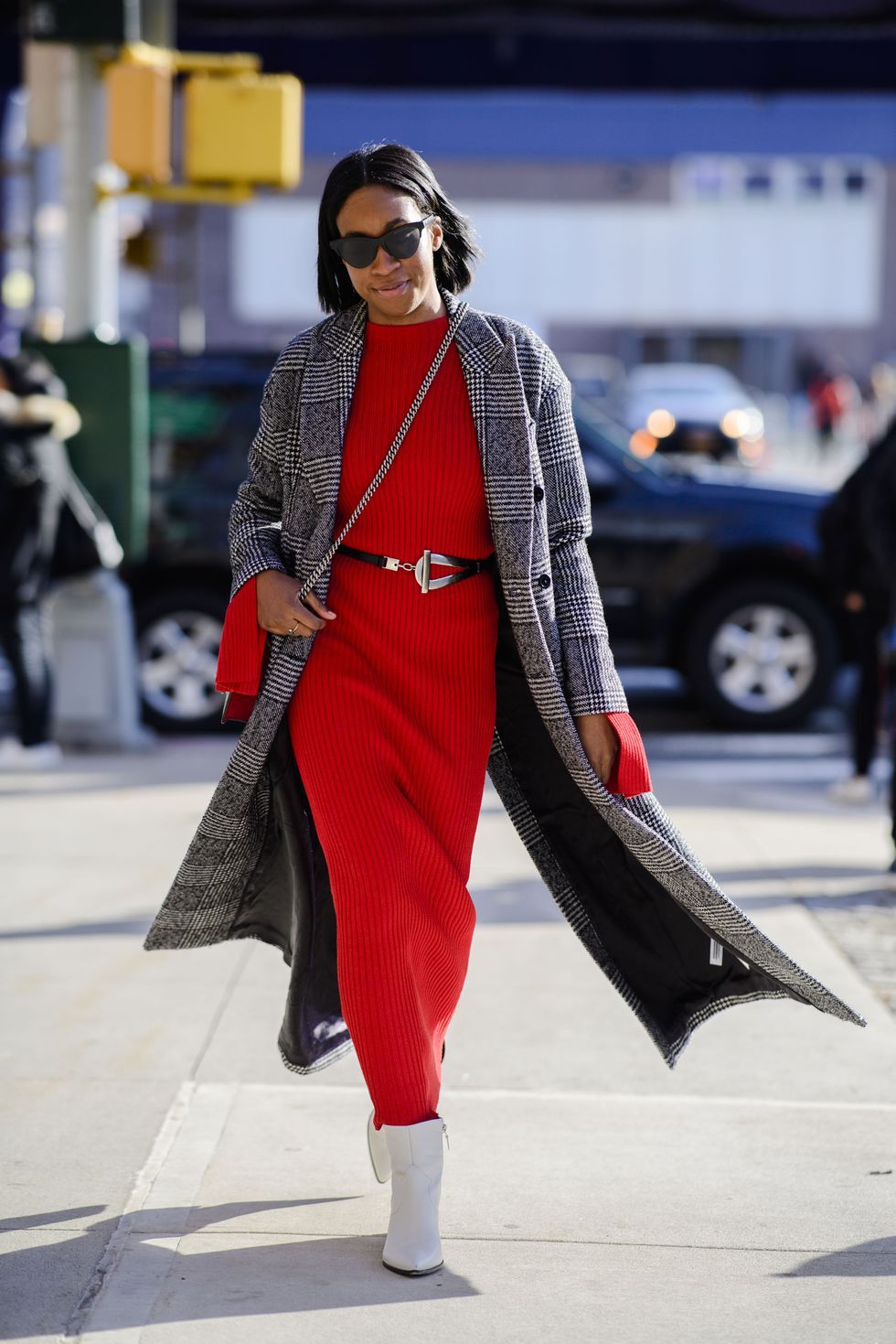 Vibrant Red Dress Under a Plaid Overcoat Vibrant Red Dress Under a Plaid Overcoat — Winter Office Outfits 2027
