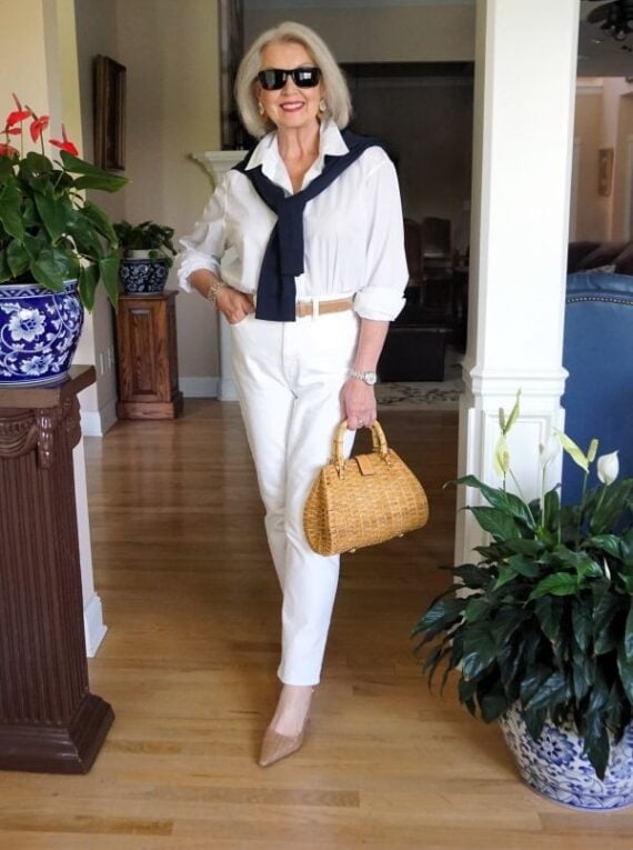 Crisp Shirt and Navy Sweater: Classic Casual Daytime Ensemble — Outfits 2027 for Women Over 60