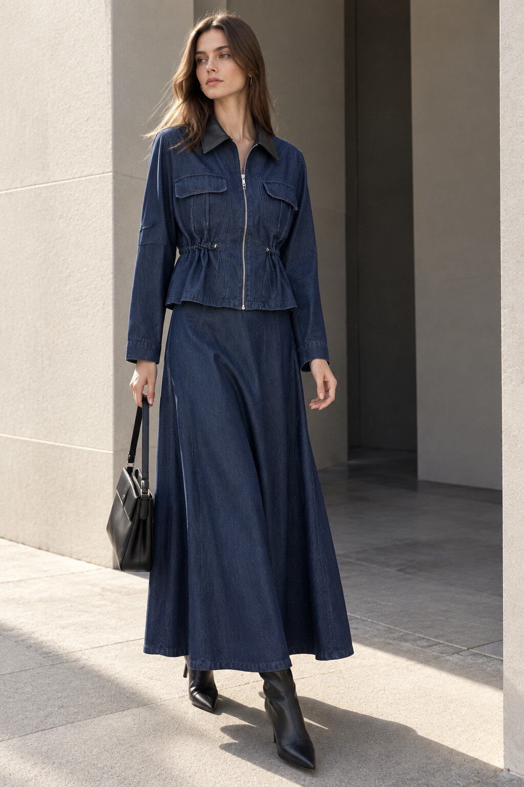 Dark Blue Denim Set with Flared Skirt for Chic Cooler Weather — Dressy Winter Outfits 2027