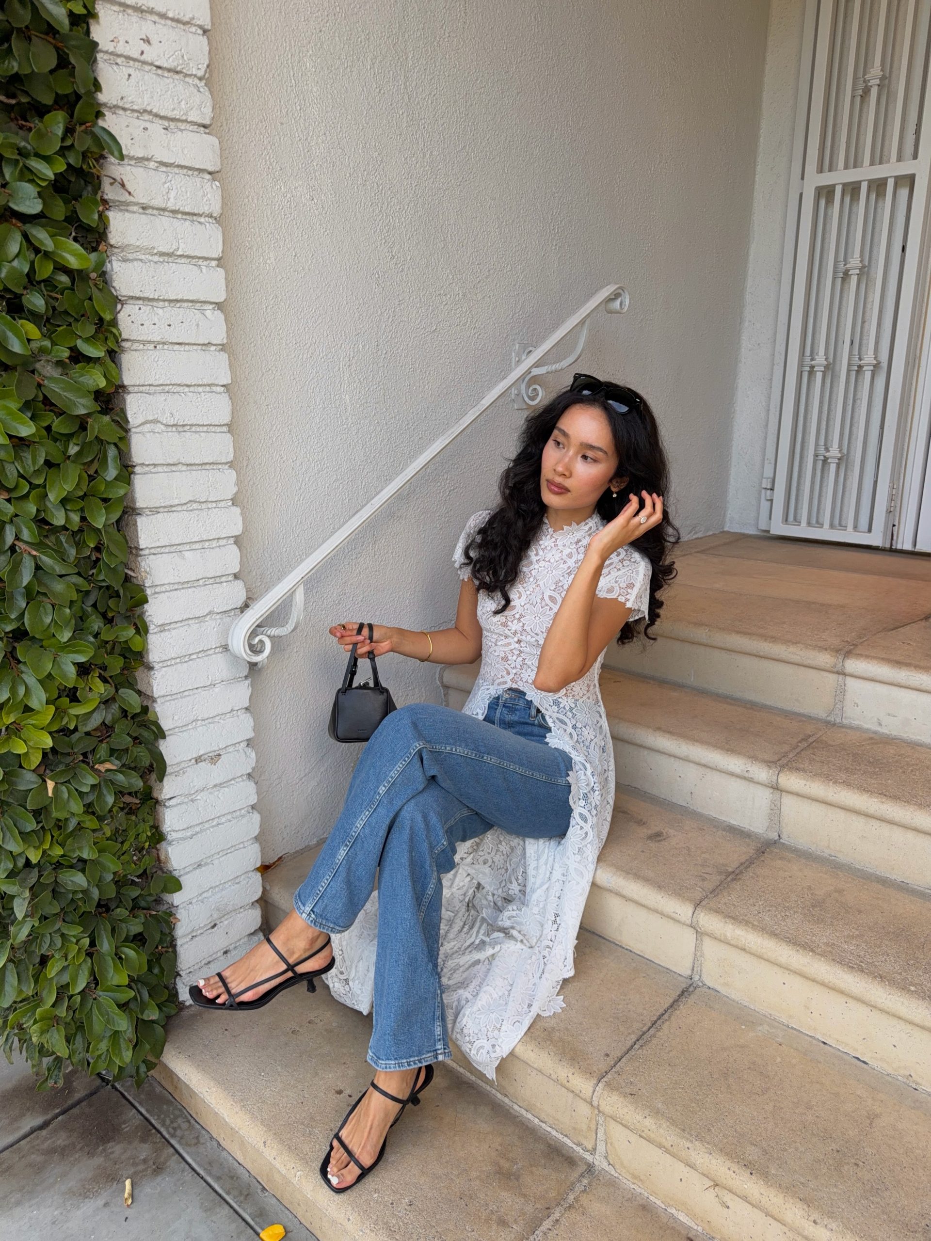 White Lace Overlay Dress with Denim and Strappy Sandals — Sip and See Outfits 2027