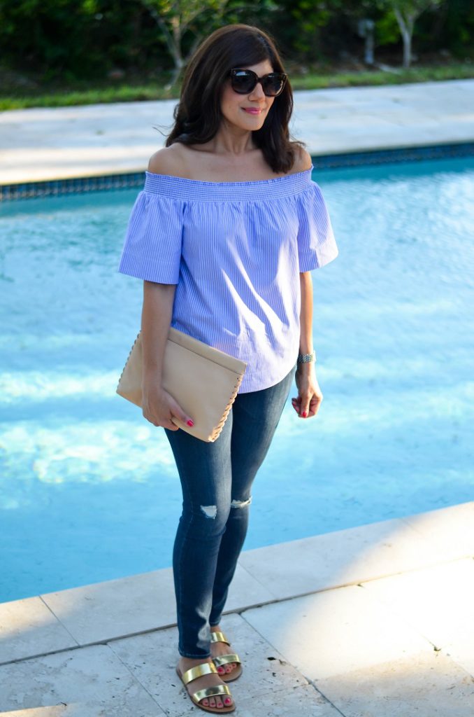 Striped Off-Shoulder Top with Dark Wash Ripped Jeans — Off the Shoulder Top Outfits 2027