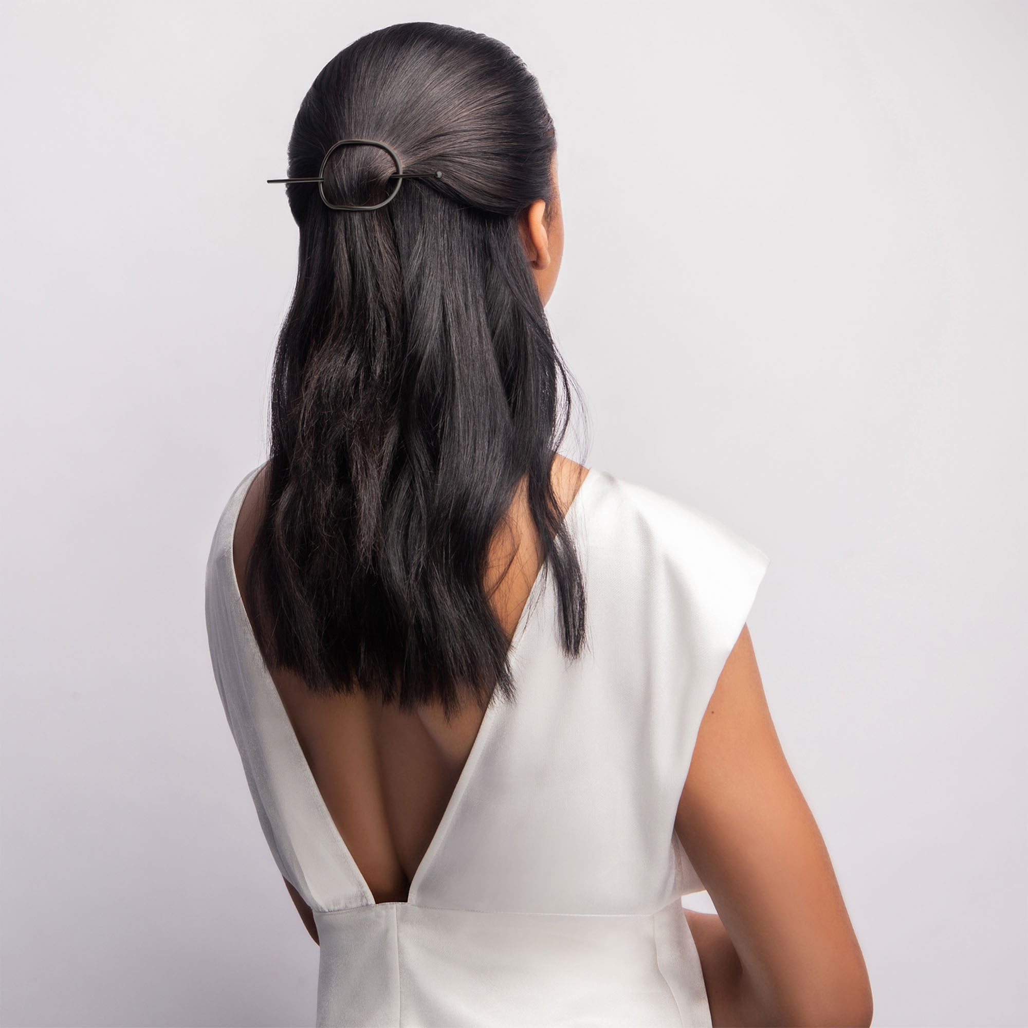 Gunmetal Hoop Barrette on Sleek Lob — Barrette Hairstyles 2027