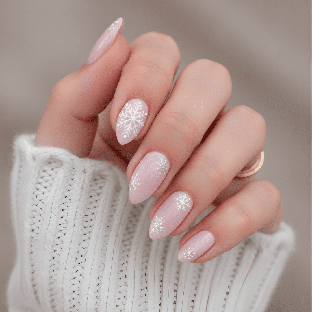 Pale Pink Snowflake Almond Nails Pale Pink Snowflake Almond Nails — Medium Length Winter Nails 2027