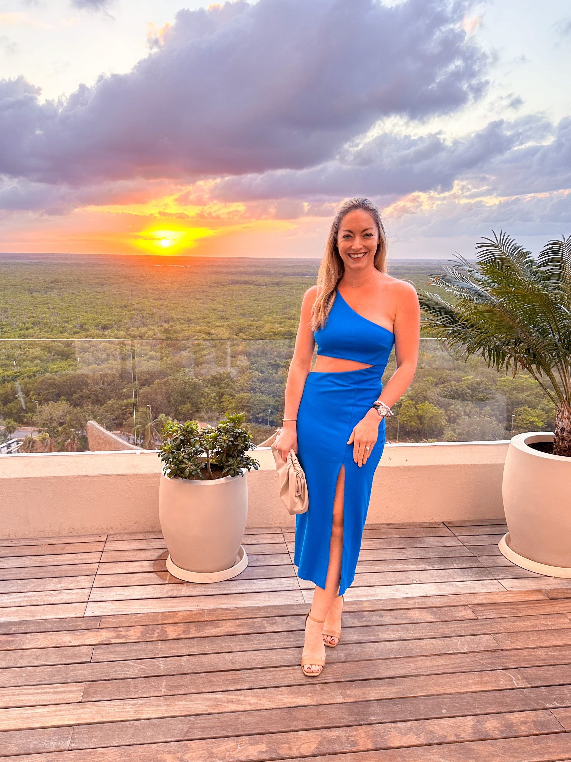 Vibrant Blue One-Shoulder Cutout Dress for Evening Resort — Cancun Outfits 2027