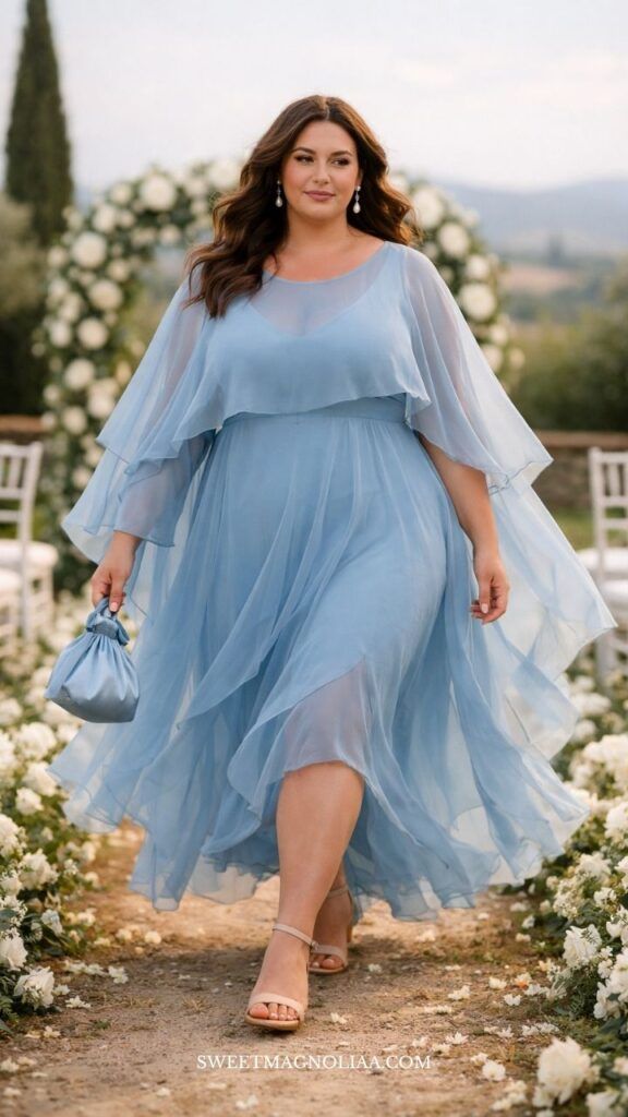 Light Blue Chiffon Dress With Cape Sleeves Light Blue Chiffon Dress With Cape Sleeves — Sweet 16 Guest Outfits 2027