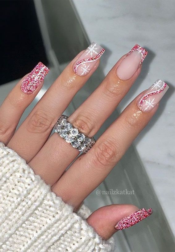 Sparkling Pink Glitter Tips with Snowflakes Sparkling Pink Glitter Tips with Snowflakes — Sparkly Holiday Nails 2026