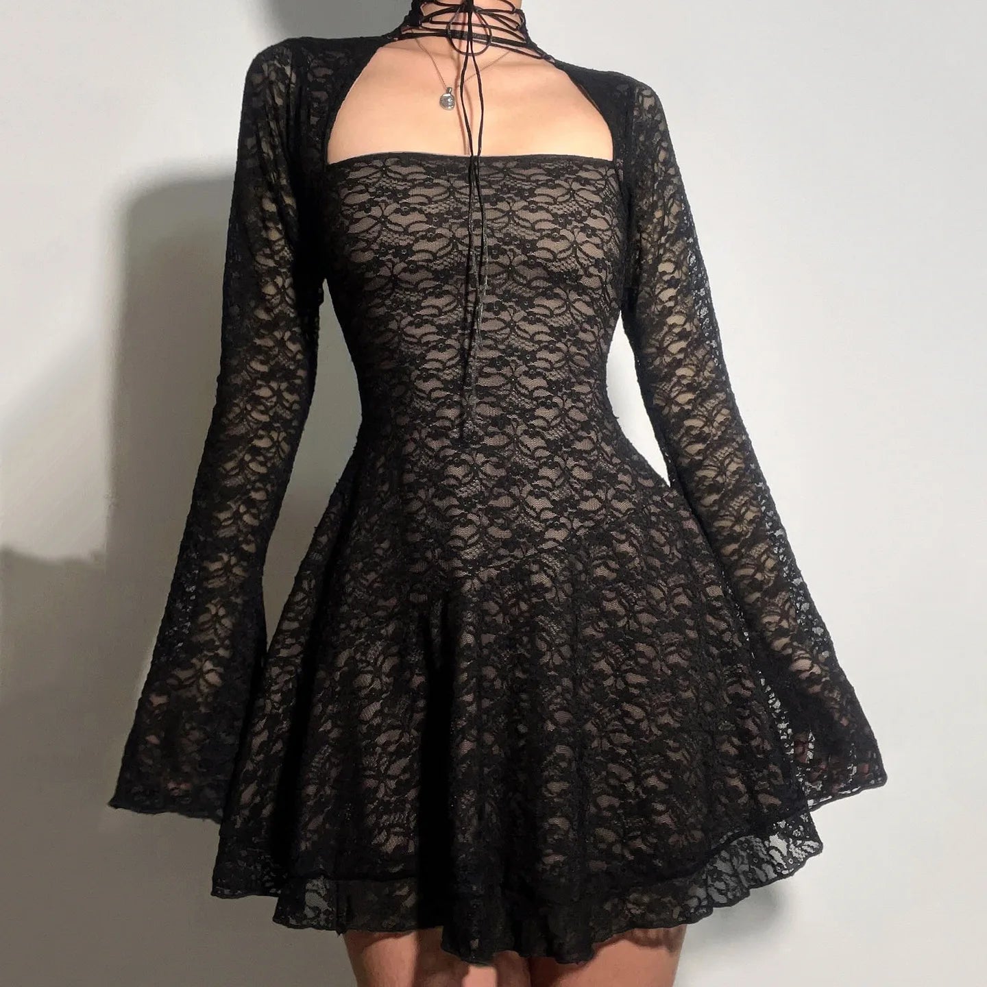 Y2K Goth Lace Mini Dress with Bell Sleeves Y2K Goth Lace Mini Dress with Bell Sleeves — Goth Lace Outfits 2027