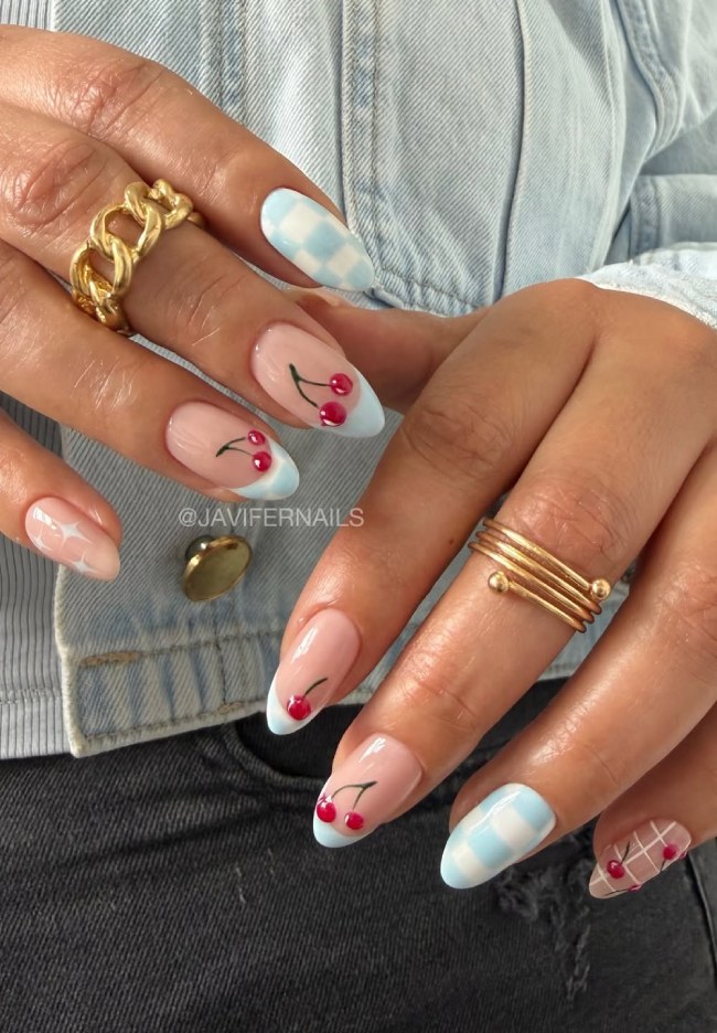 Checkered and Cherry Almond Nails — Almond Nails 2027