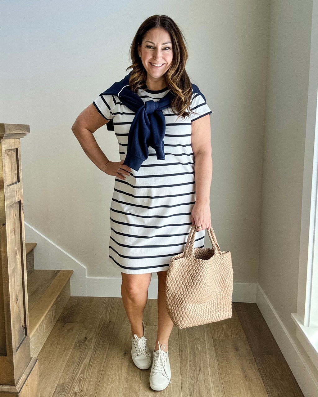 Chic Summer Look: Striped Dress with Woven Tote Chic Summer Look: Striped Dress with Woven Tote — Mom Outfits 2027