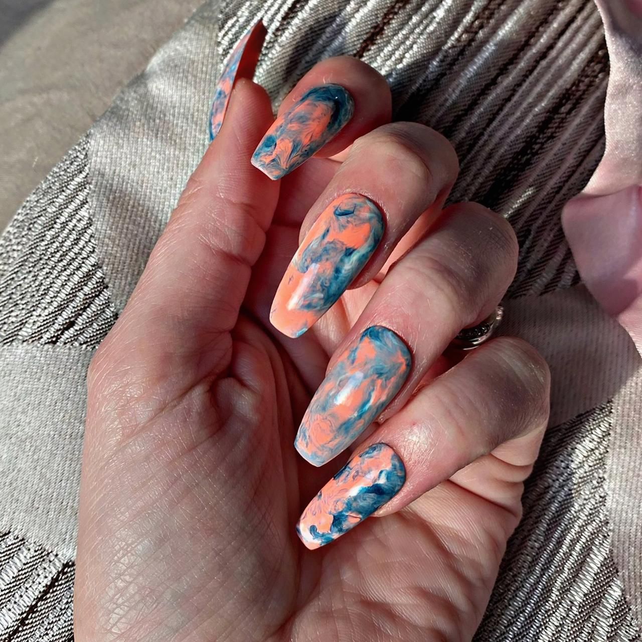 Marble Effect On All Nails Visual Idea — Coral Coffin Nails 2027