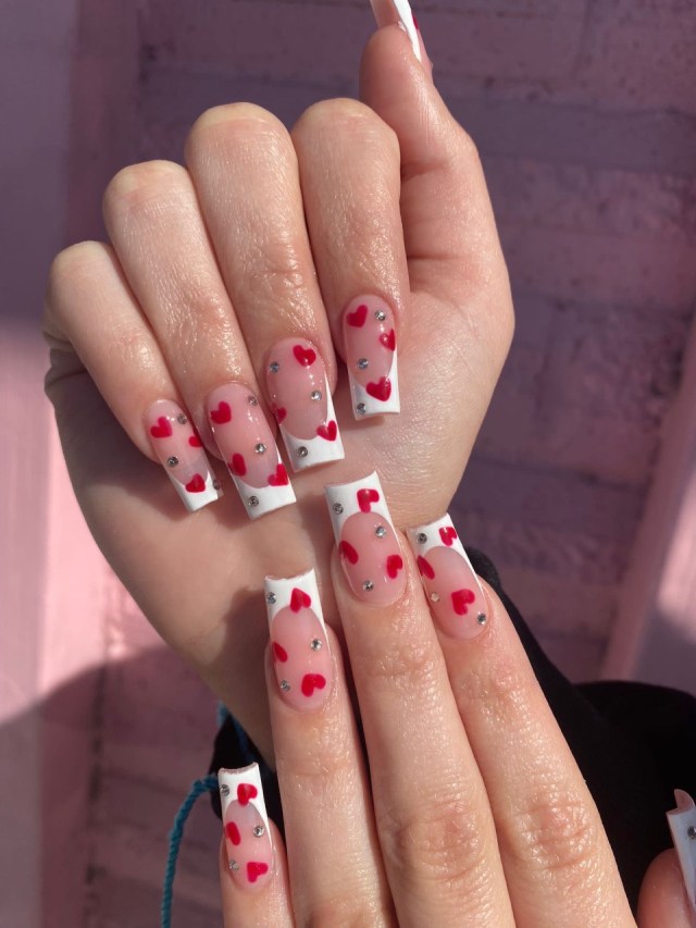 Clear French Tip Rhinestone Heart Coffin Nails Clear French Tip Rhinestone Heart Coffin Nails — Valentines Coffin Nails 2027