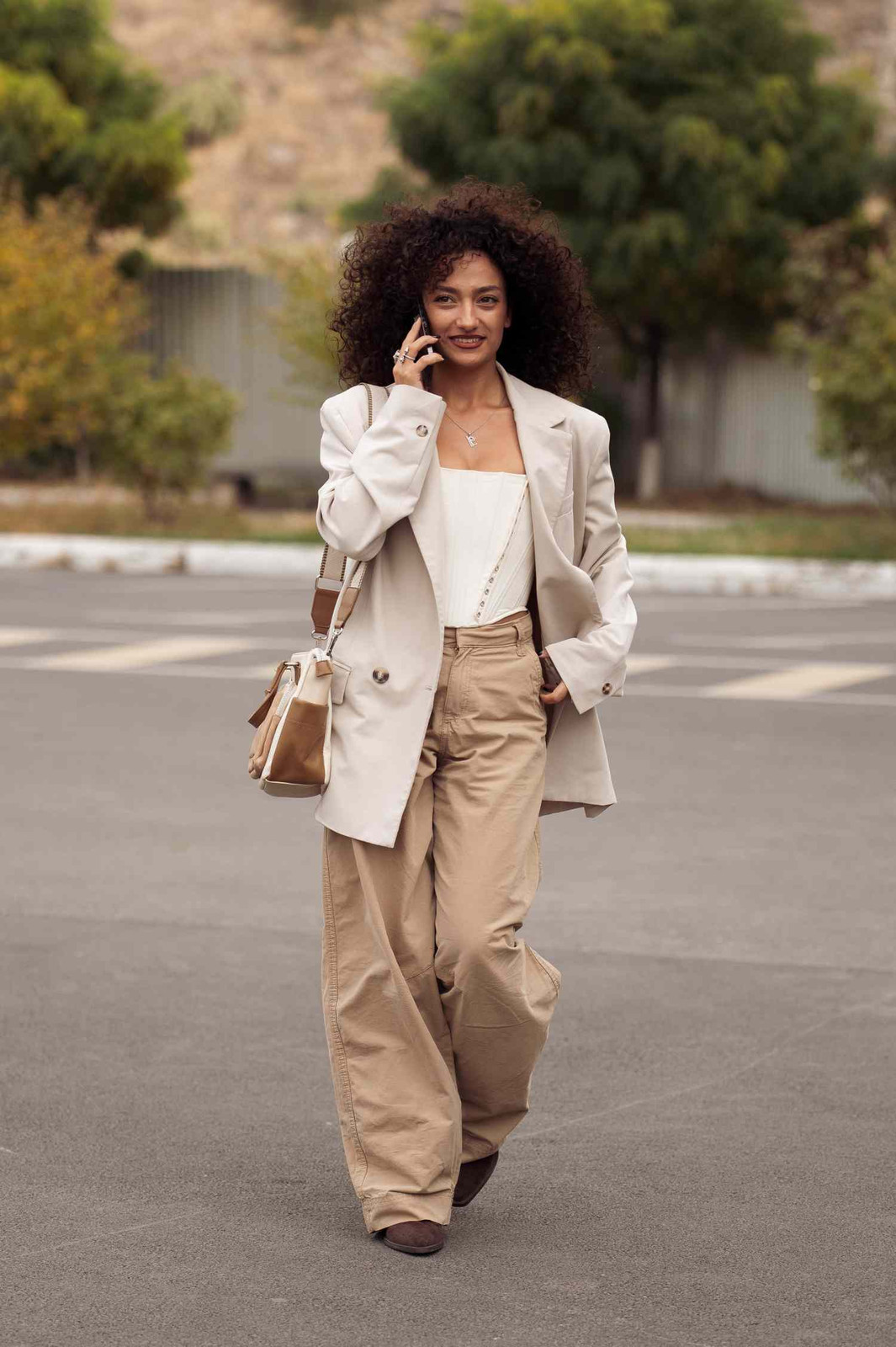 White Corset Top with Beige Oversized Blazer and Tan Trousers White Corset Top with Beige Oversized Blazer and Tan Trousers — Blouse Outfits 2027 with Blazer