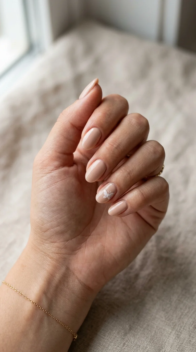 Nude Glossy Single Butterfly Nude Glossy Single Butterfly — Short Butterfly Round Nails 2027