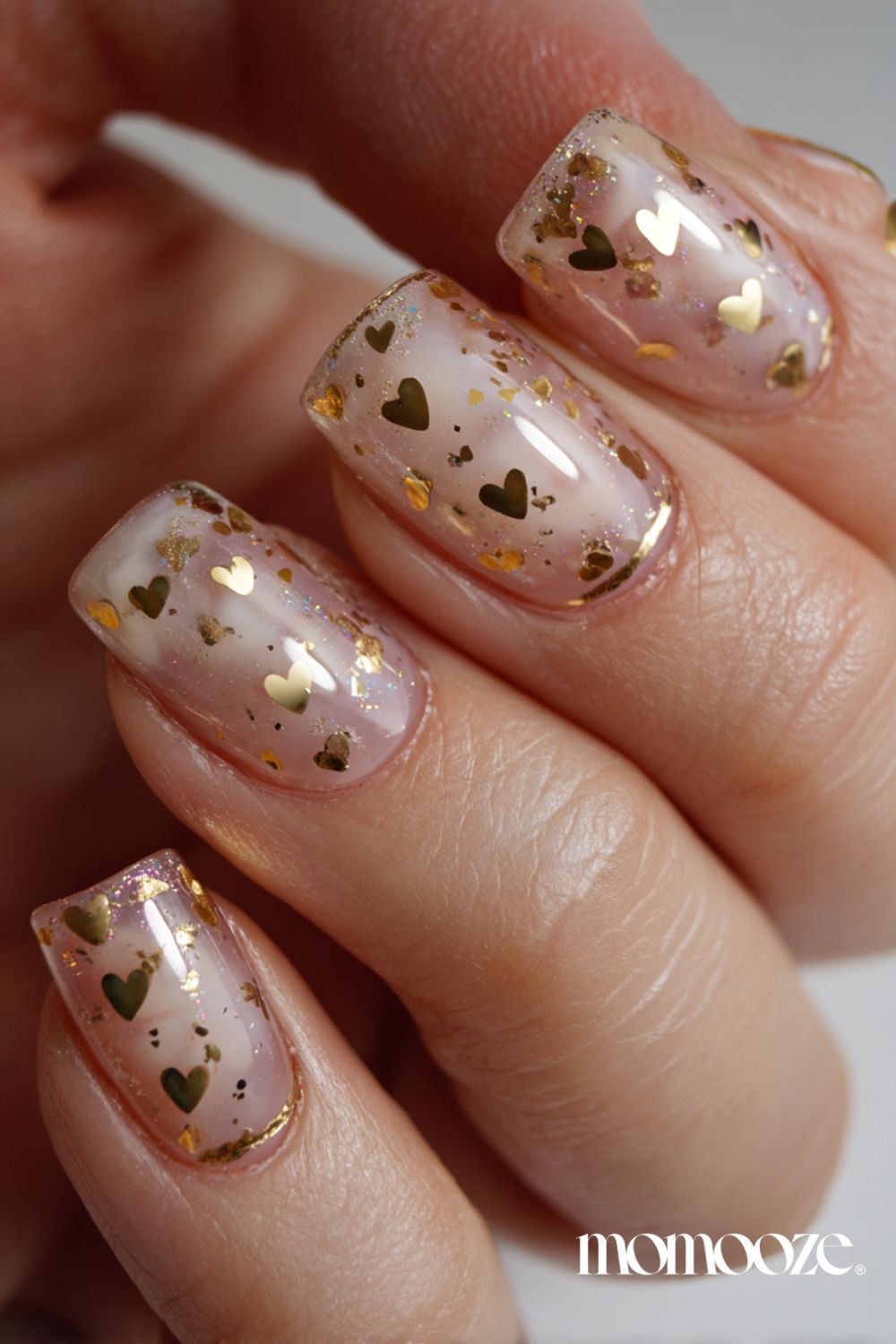 Scattered Gold Foil Hearts on Pink Scattered Gold Foil Hearts on Pink — Gold Birthday Nails 2027