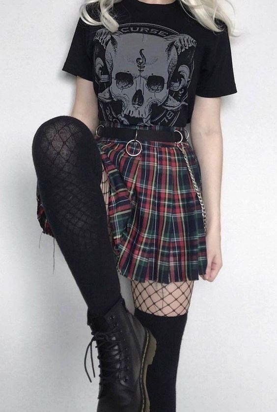 Skull Graphic Tee and Plaid Skirt: Textured Emo Ensemble Skull Graphic Tee and Plaid Skirt: Textured Emo Ensemble — Emo Outfits 2027