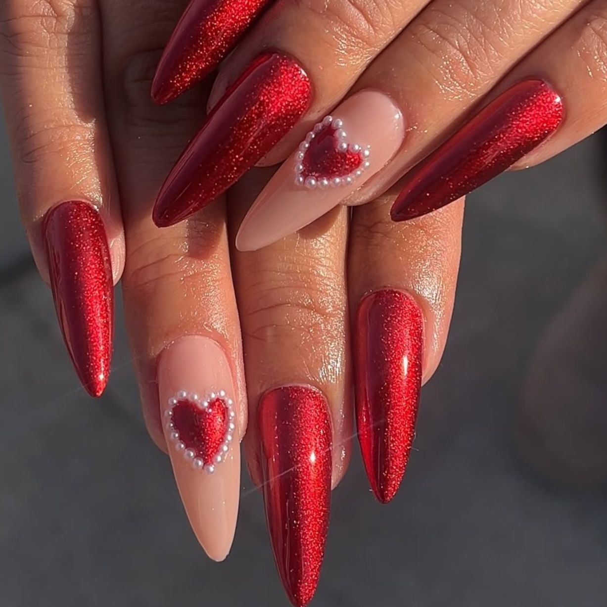 Shimmering Metallic Red Heart Stiletto Nails Shimmering Metallic Red Heart Stiletto Nails — Baddie Nails 2027