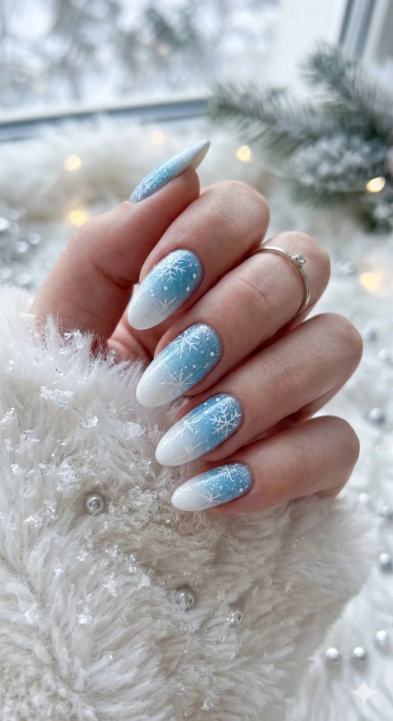 White Snowflakes And Glitter Accents Visual Idea — Winter Ombre Nails 2027