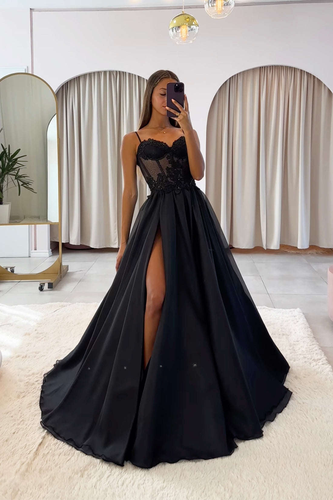 Black Tulle Ballgown with Corset Bodice and High Slit Black Tulle Ballgown with Corset Bodice and High Slit — Black Prom Dresses 2027