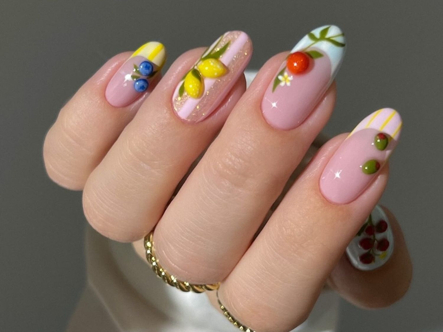 3D Fruit & Stripe Oval Nails 3D Fruit & Stripe Oval Nails — Summer Nails 2027