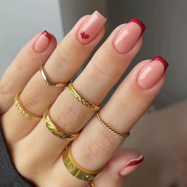 Red French Tips with Heart Accent Red French Tips with Heart Accent — French Tip Nails 2027 for Short Fingers